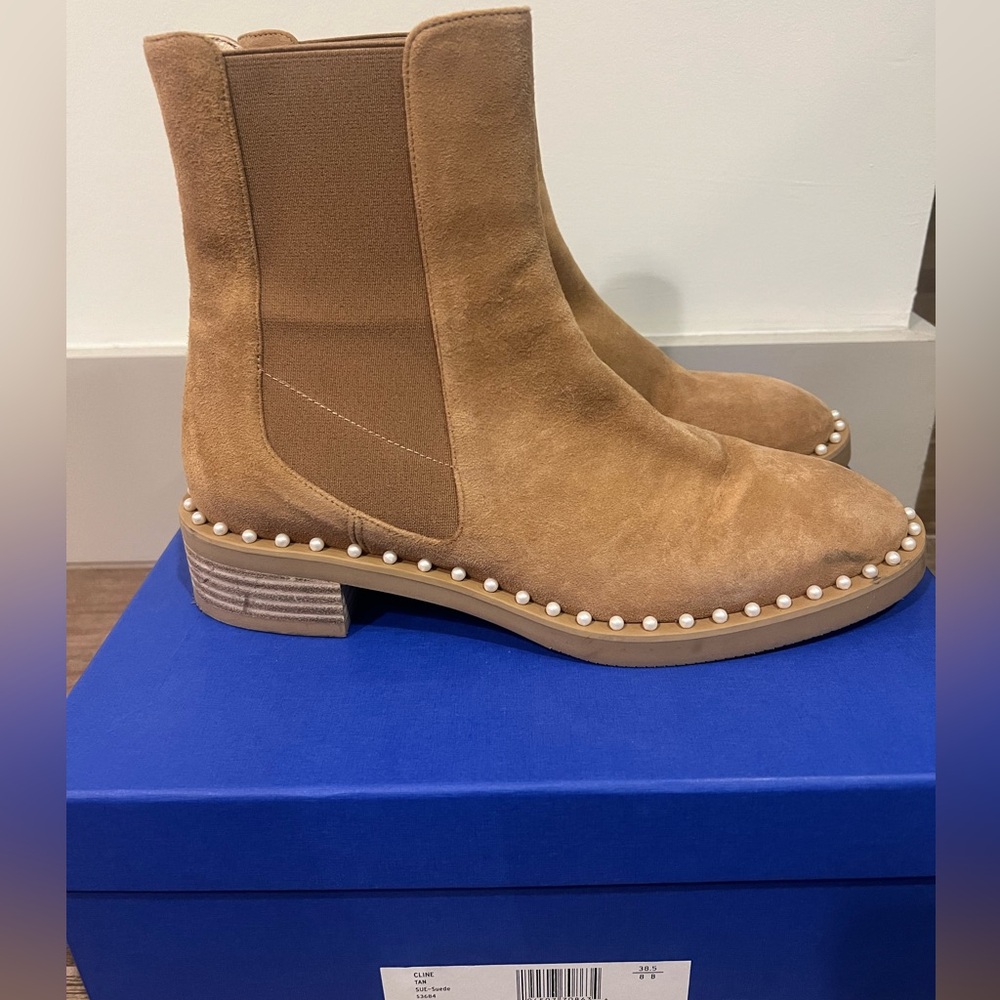 Stuart Weitzman - Tan Suede Cline Booties with Pearl Detail- size 8 (38.5)